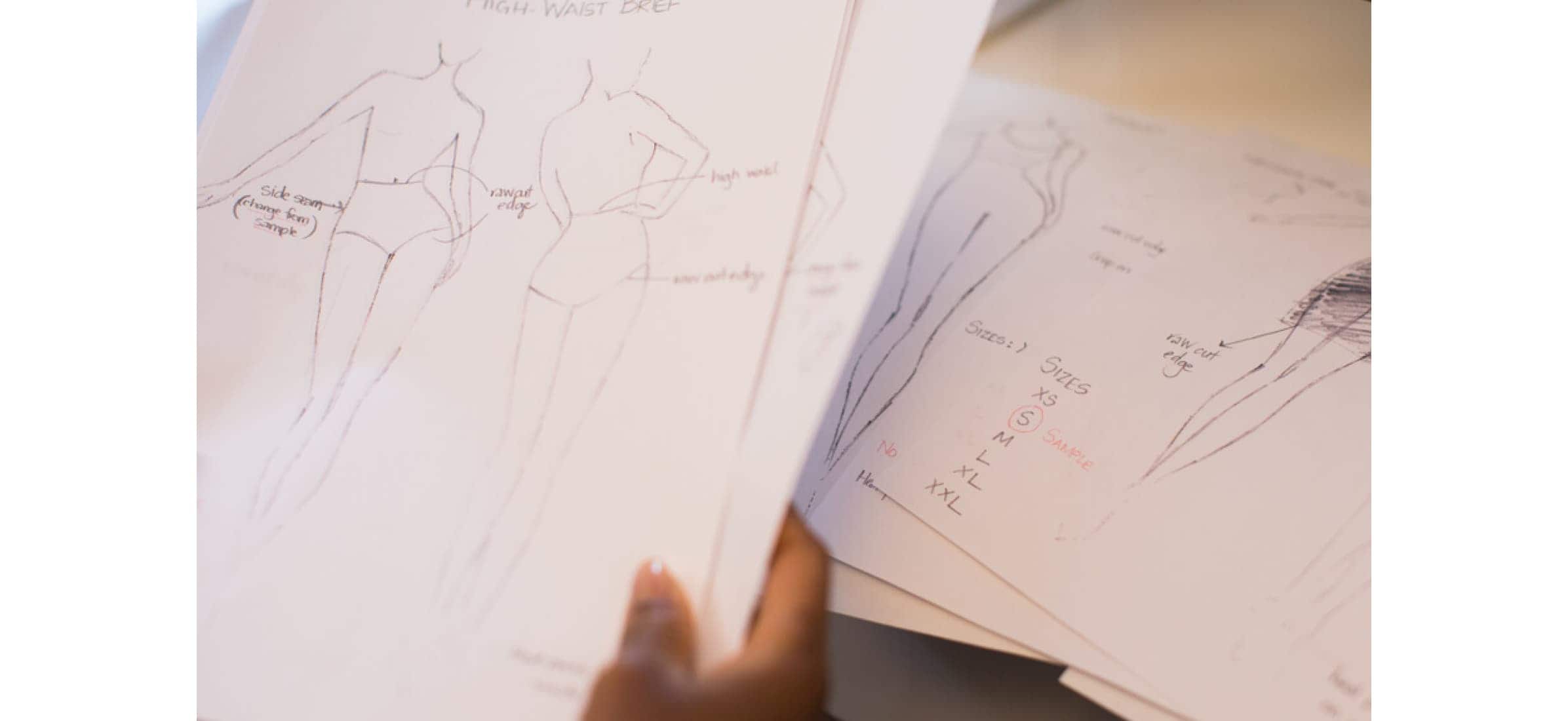 A hand holding pieces of paper with sketches of clothing designs on them.